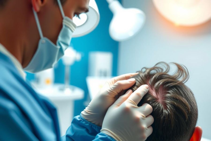 Close-up of a surgeon in scrubs and mask examining a patient's scalp. Medical procedure, likely hair transplant or dermatology check. Focus on precision and care in a clinical setting.