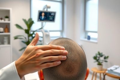 Close-up of a bald head during a medical examination, likely a dermatologist's office. A doctor's hand is visible near the head. The scene is brightly lit with a modern, clean environment.