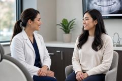 Dentist in white coat discussing dental treatment with a relaxed patient in clinic