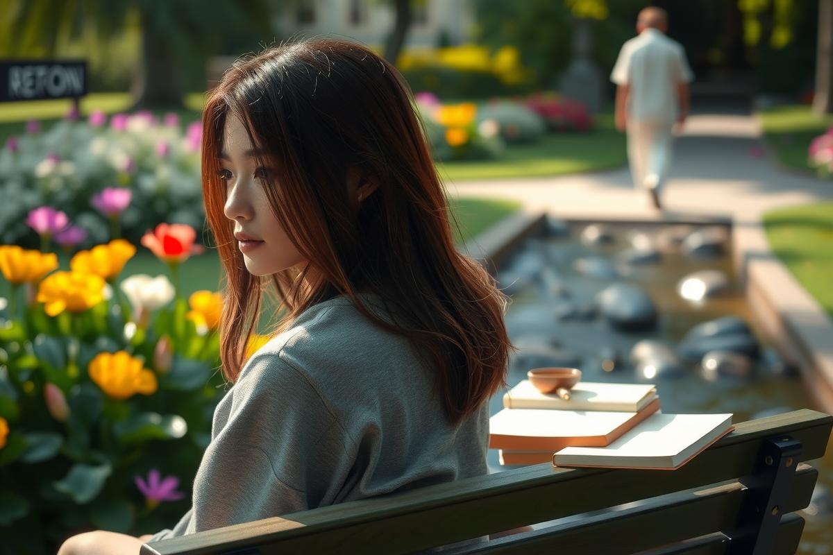 The image shows a young woman sitting on a park bench, appearing to be lost in thought. She is wearing casual attire and has long dark hair. The environment around her is lush with flowers and a pond can be seen behind her. A handbag is placed beside her on the bench. The setting suggests a peaceful day at the park.