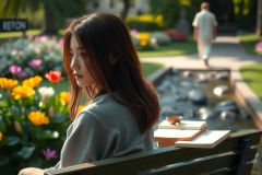 The image shows a young woman sitting on a park bench, appearing to be lost in thought. She is wearing casual attire and has long dark hair. The environment around her is lush with flowers and a pond can be seen behind her. A handbag is placed beside her on the bench. The setting suggests a peaceful day at the park.