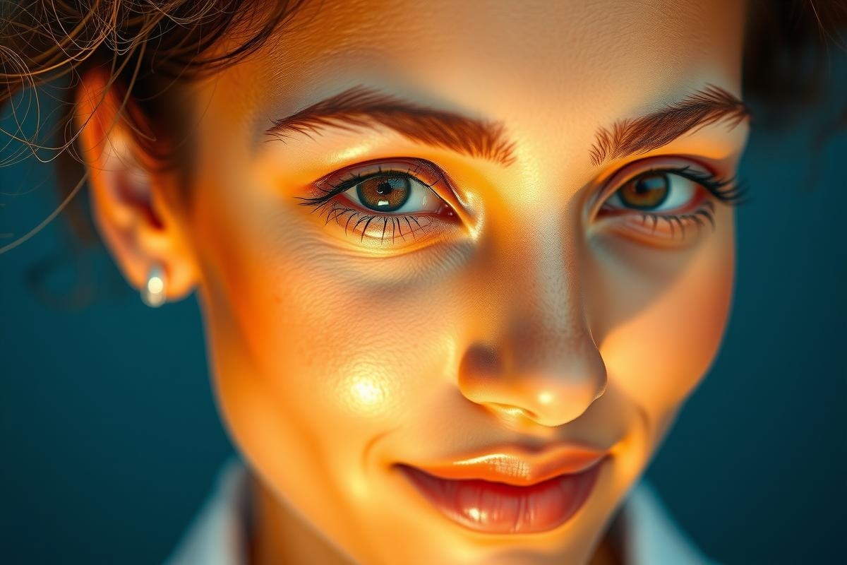 Close-up of a woman's face, focusing on the eyes and lips with a soft light effect. The image has a dark background that contrasts with her skin tone.