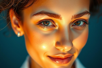 Close-up of a woman's face, focusing on the eyes and lips with a soft light effect. The image has a dark background that contrasts with her skin tone.