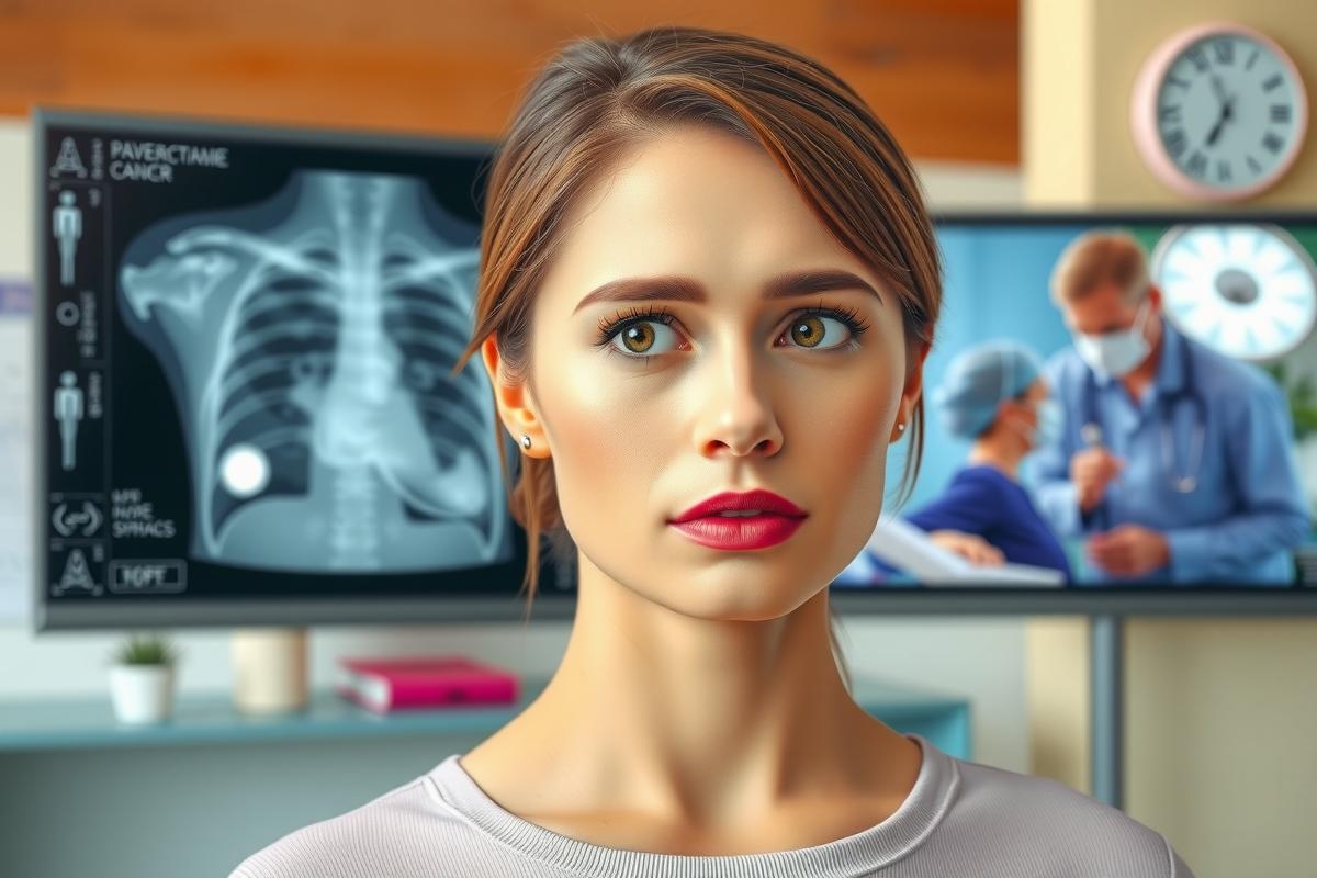 The image depicts a woman seated in front of a computer screen displaying medical images, possibly a CT scan. She is looking slightly off to the side with an expression that could be interpreted as concern or deep thought. The environment appears to be a modern, well-lit room with clinical white walls and a clock on the wall. Her attire suggests a casual yet professional setting.