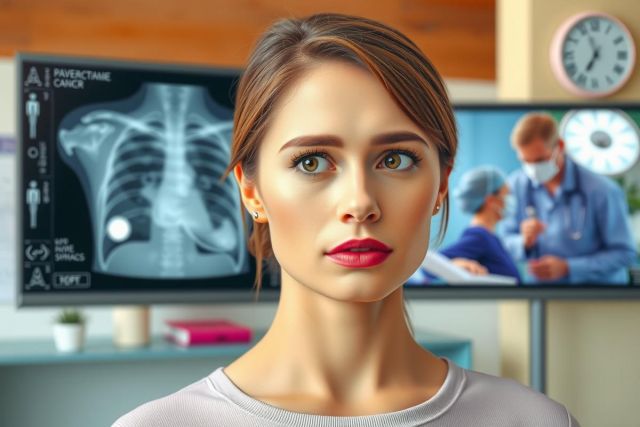 The image depicts a woman seated in front of a computer screen displaying medical images, possibly a CT scan. She is looking slightly off to the side with an expression that could be interpreted as concern or deep thought. The environment appears to be a modern, well-lit room with clinical white walls and a clock on the wall. Her attire suggests a casual yet professional setting.
