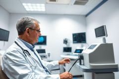 Doctor in a modern medical clinic using diagnostic equipment. The scene features white walls, multiple monitors displaying medical images, and a focused healthcare professional in a white coat. Focus on medical technology and healthcare setting.