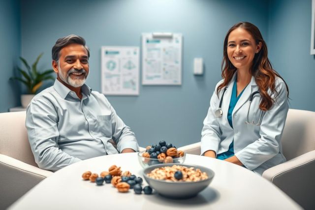 Doctor and patient discussing healthy eating in a medical office. Blue walls, natural light, and a bowl of nuts and berries highlight a focus on wellness and nutrition. Healthcare consultation, dietary advice, and patient care themes are present.