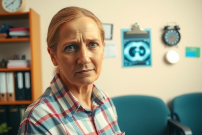 The image features a middle-aged woman with blonde hair, seated at an office desk. She appears to be in a thoughtful or contemplative state.