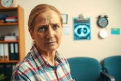 The image features a middle-aged woman with blonde hair, seated at an office desk. She appears to be in a thoughtful or contemplative state.