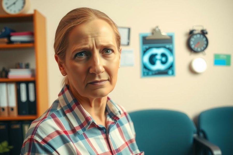The image features a middle-aged woman with blonde hair, seated at an office desk. She appears to be in a thoughtful or contemplative state.