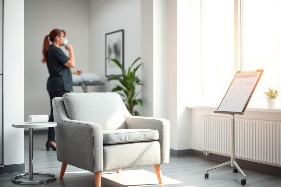 Modern spa or wellness clinic interior. Gray armchair, white side table, and a blurred therapist in uniform. Bright sunlight streams through a large window, creating a clean, relaxing atmosphere. Focus on health, beauty, and peaceful design.
