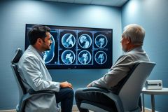 Doctor discussing MRI scan results with a patient in a modern medical clinic. Blue tones dominate the room, highlighting the diagnostic imaging on a large screen. Healthcare consultation, medical diagnosis, and patient care are key themes.