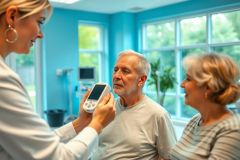 Healthcare scene: A female doctor examines an elderly man with a medical device in a bright, teal-colored clinic. A smiling woman sits nearby. Focus on senior health, medical checkup, and patient care in a modern medical setting.