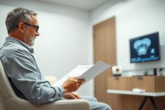 Older man in a medical clinic reviewing documents and an MRI scan on a screen. The scene features a modern, neutral-toned waiting room setting with a focus on healthcare and diagnostics. Grey and white tones dominate the image.