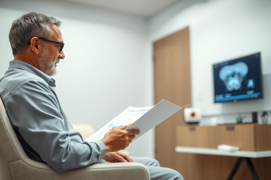 Older man in a medical clinic reviewing documents and an MRI scan on a screen. The scene features a modern, neutral-toned waiting room setting with a focus on healthcare and diagnostics. Grey and white tones dominate the image.