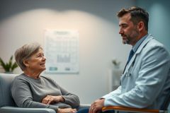 Doctor consults with a smiling elderly patient in a bright, modern clinic setting. Focus on healthcare, senior care, and medical consultation. Warm lighting and professional attire convey trust and wellness.