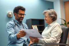 Doctor consults with a senior patient in a bright, modern clinic. They review medical documents, emphasizing healthcare and elderly care. The scene features a blue wall and professional setting, suggesting a routine check-up or medical discussion.