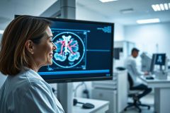 Medical professional examining a brain MRI scan on a monitor in a modern radiology lab. The image features vibrant blue and red hues highlighting the scan’s details. A second healthcare worker is visible in the background, suggesting a clinical diagnostic environment focused on neurological imaging and medical research.