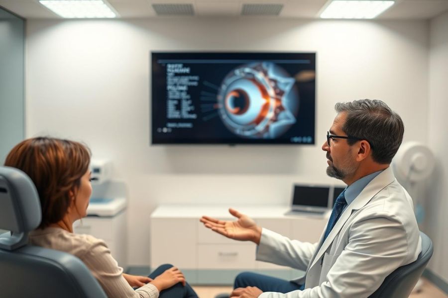 Doctor discussing eye health with a patient in a modern ophthalmology clinic. A detailed eye scan image is displayed on a screen. Professional medical consultation, eye care, and diagnostic imaging are central themes. Blue and white color scheme, healthcare setting.