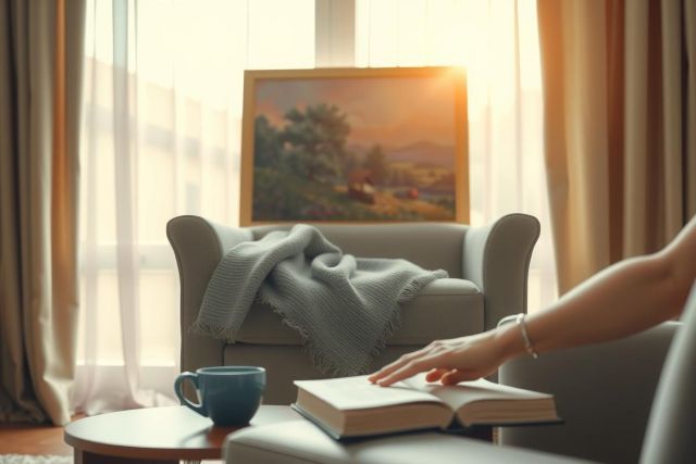Cozy interior scene with a comfortable armchair, open book, and cup of tea. Warm lighting, neutral tones, inviting atmosphere. Perfect for relaxation and reading.