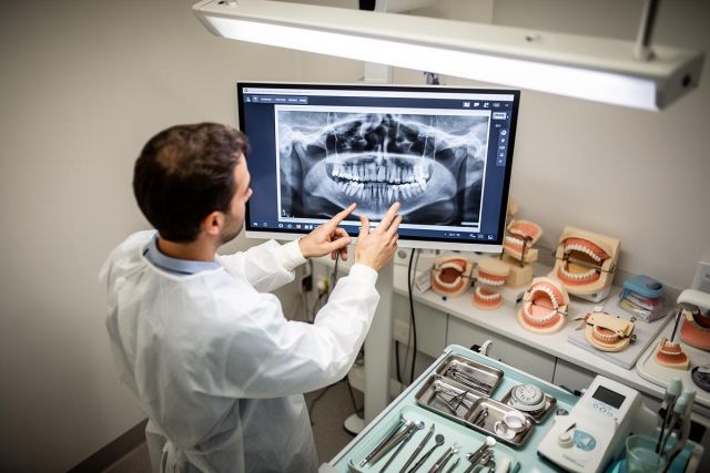 Dentist reviewing a panoramic dental X‑ray and pointing to the patient’s jaw alignment beside dental models.