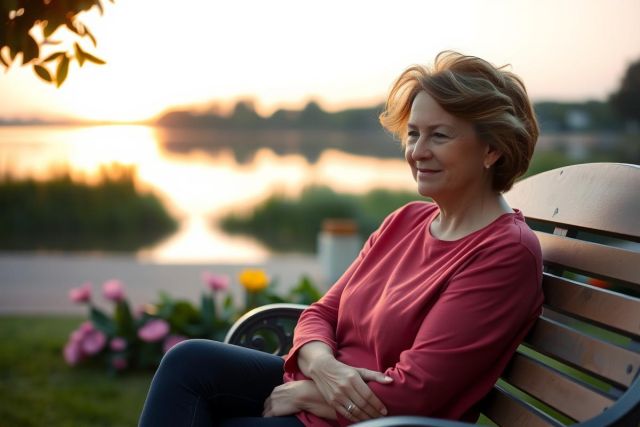 The image features a woman sitting on a wooden bench during what appears to be either dawn or dusk, given the soft golden light in the background. The woman is wearing a dark-colored top and has her arms crossed over her legs.