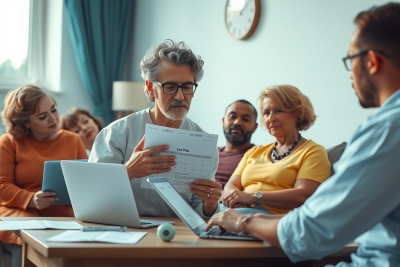 The image depicts a group of people engaged in a discussion at a table. The environment appears to be an indoor living space, possibly a dining or kitchen area. There are various objects on the table including books and papers, suggesting a professional or organizational meeting. 