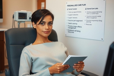 The image shows a woman in a doctor's office. She is wearing a light-colored top and sitting comfortably in a chair, reading a book or tablet on her lap. The room has a clinical atmosphere with a whiteboard displaying medical information in the background. The focus of the image appears to be the interaction between patient care and personal interests or relaxation.