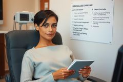 The image shows a woman in a doctor's office. She is wearing a light-colored top and sitting comfortably in a chair, reading a book or tablet on her lap. The room has a clinical atmosphere with a whiteboard displaying medical information in the background. The focus of the image appears to be the interaction between patient care and personal interests or relaxation.