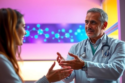 The image depicts a man and a woman in a modern, possibly futuristic setting. The man is wearing a medical coat, indicating he may be a doctor or healthcare professional, while the woman appears to be a patient or visitor at a medical facility. They are engaged in conversation. The environment has a clean, sleek design with glowing blue and purple accents on the wall, suggesting advanced technology or a sophisticated healthcare environment.