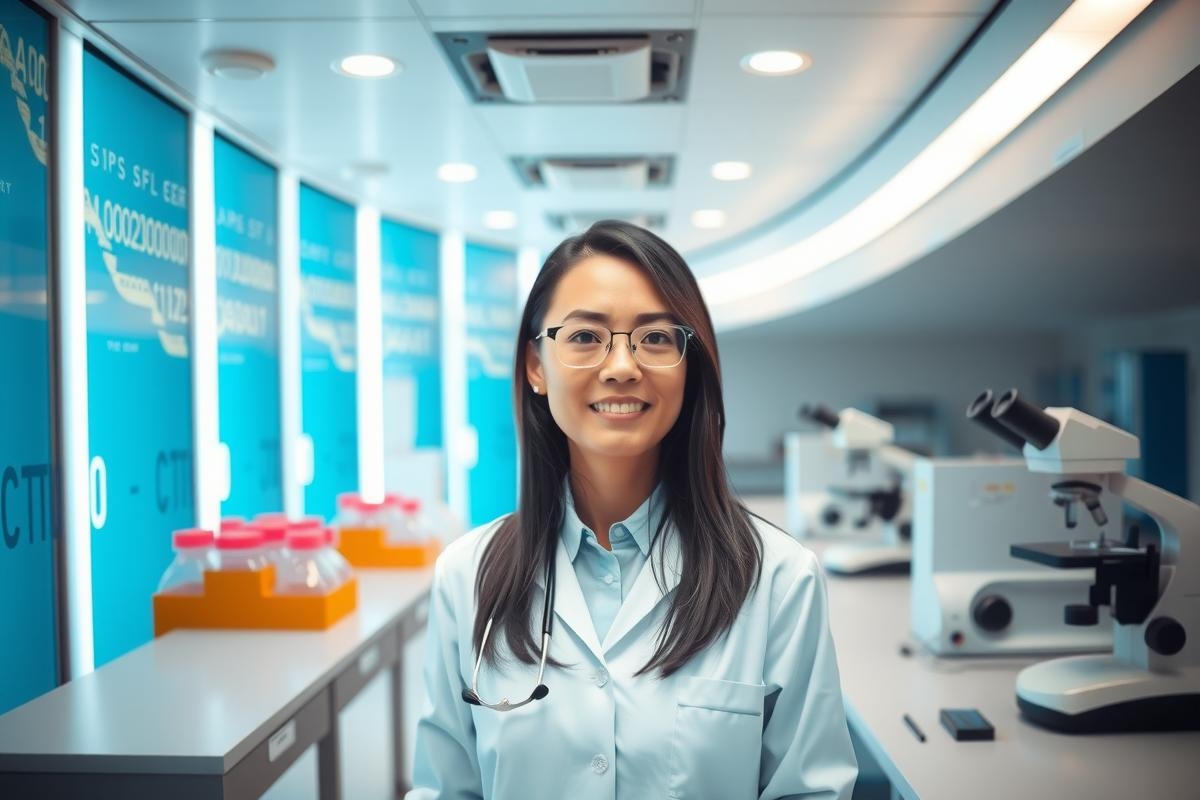 The image shows a young woman wearing glasses, standing in a laboratory setting. She appears to be a scientist or researcher, given her attire and the scientific environment around her. The lab is equipped with modern scientific instruments including microscopes and test tubes on benches.