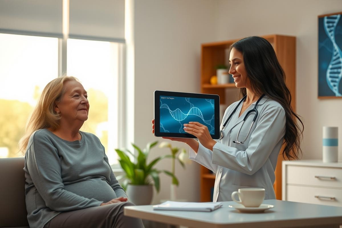 The image depicts a professional healthcare setting where a female medical professional is engaged in conversation with an elderly patient. The woman, wearing scrubs and standing behind the counter, holds a tablet displaying what appears to be medical results. The atmosphere is warm and caring, indicative of a patient-centered healthcare facility.