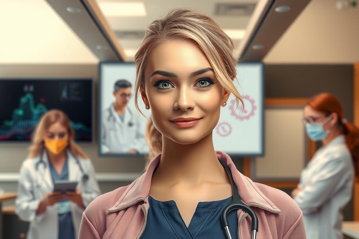 The image shows a woman in what appears to be a medical or healthcare setting. Her expression is focused, suggesting that she may be engaged in her professional duties. There are others in the background who appear to be part of a team discussion, possibly reviewing medical records or discussing patient care.