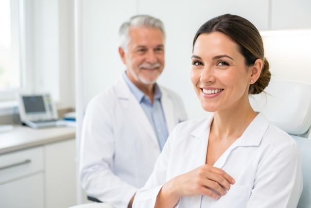 Female clinician smiling confidently in a bright examination room with a colleague in the background.