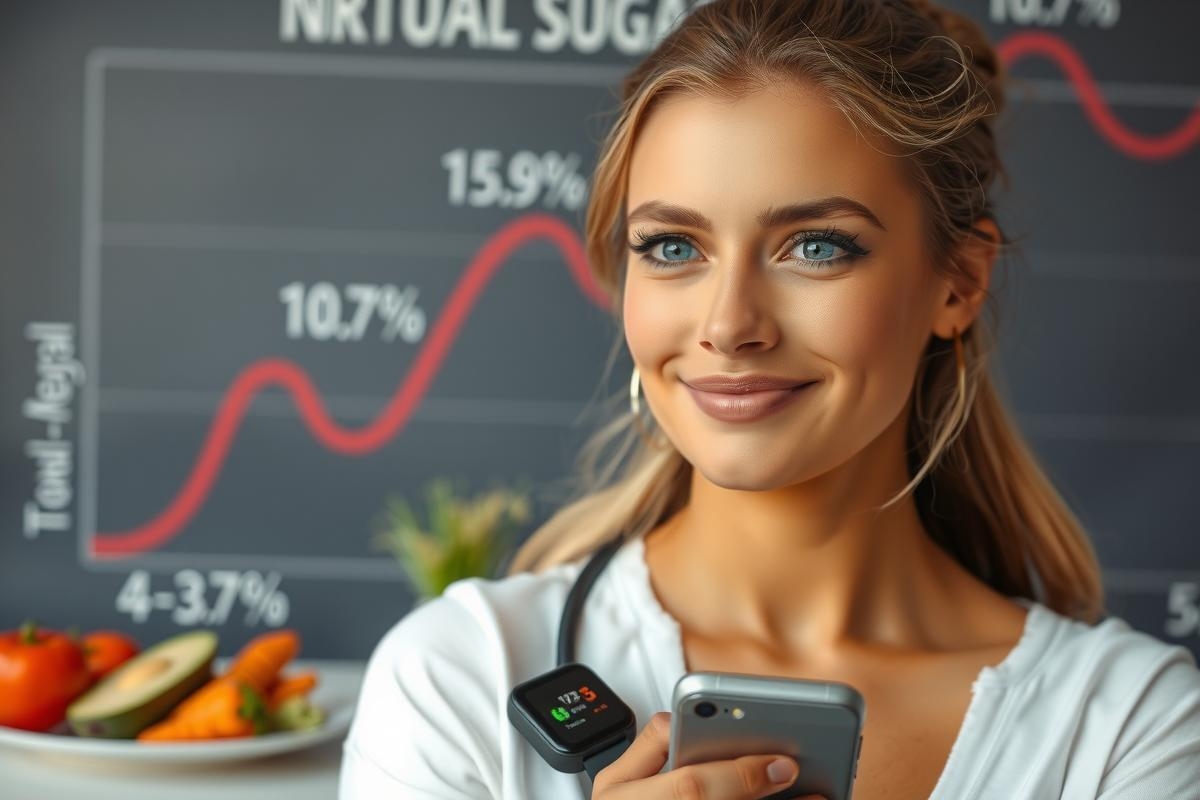 The image features a beautiful woman with blue eyes, wearing makeup and a white top. She is holding an iPhone in her hands and looking at it while seated at a countertop that displays various food items like fruits and vegetables.