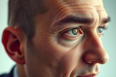Close-up portrait of a man's face, highlighting striking blue eyes. The image features a shallow depth of field and dramatic lighting, showcasing a focused and intense expression. A detail shot of human features, capturing skin texture and detail.