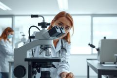 Scientist examining a microscope in a lab. The image showcases laboratory equipment, research environment, and scientific exploration. Focus on detail and precision.