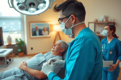 The painting depicts a medical scene, likely set in a modern doctor's office. A doctor is in the center of the frame, with a patient lying in a chair.