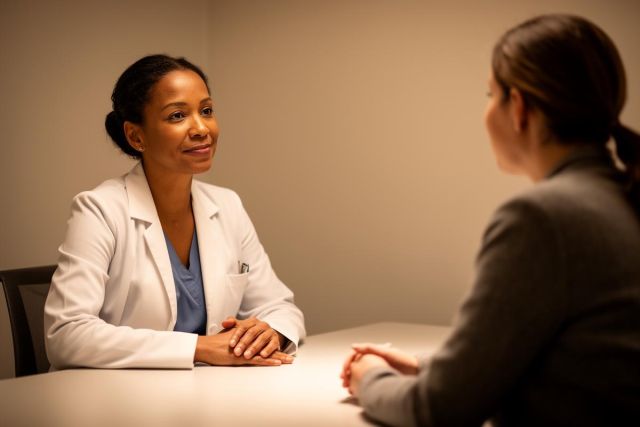 A healthcare provider in a white coat listening attentively during a seated consultation across a table.