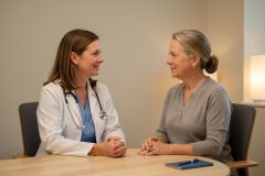 Doctor in a white coat consulting a patient across a table in a quiet clinic exam room, both smiling.