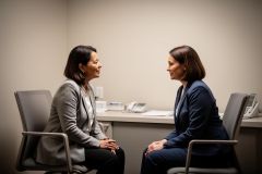 Patient and clinician sit facing each other in a private clinic office during a calm, professional consultation.