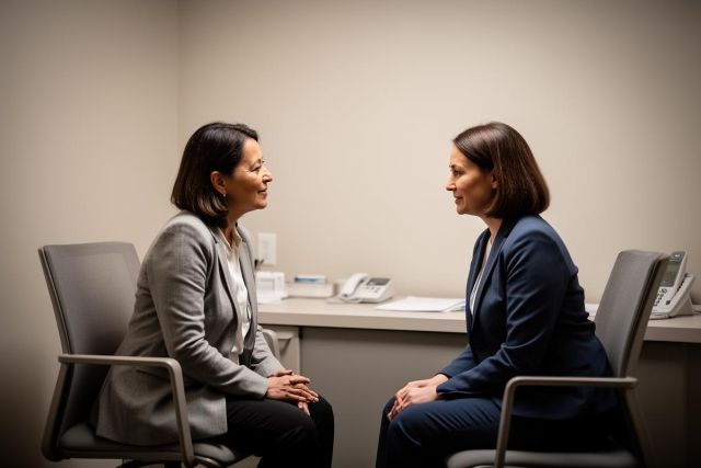 Patient and clinician sit facing each other in a private clinic office during a calm, professional consultation.