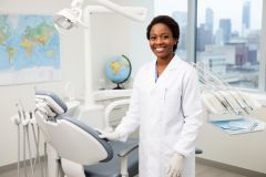 Smiling dentist in a white coat and gloves standing beside a dental chair in a bright clinic.