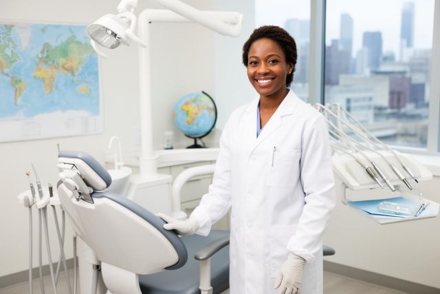 Smiling dentist in a white coat and gloves standing beside a dental chair in a bright clinic.