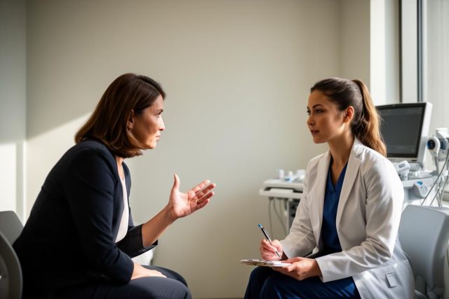Dentist in a white coat in a dental exam room consults a seated patient, listening and taking notes.