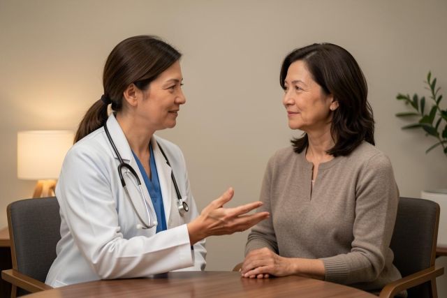 Doctor consulting a middle-aged woman at a clinic desk, listening and explaining treatment options and cost considerations.