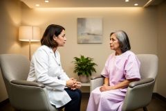 A dentist consults an older patient in a calm exam room, discussing treatment options and care.