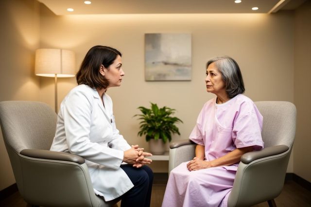 A dentist consults an older patient in a calm exam room, discussing treatment options and care.