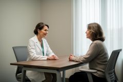 Medical professional in a white coat consulting an older patient across a table about treatment options.