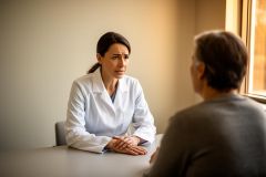 Female physician in a private consultation, listening intently to a seated patient across a table.